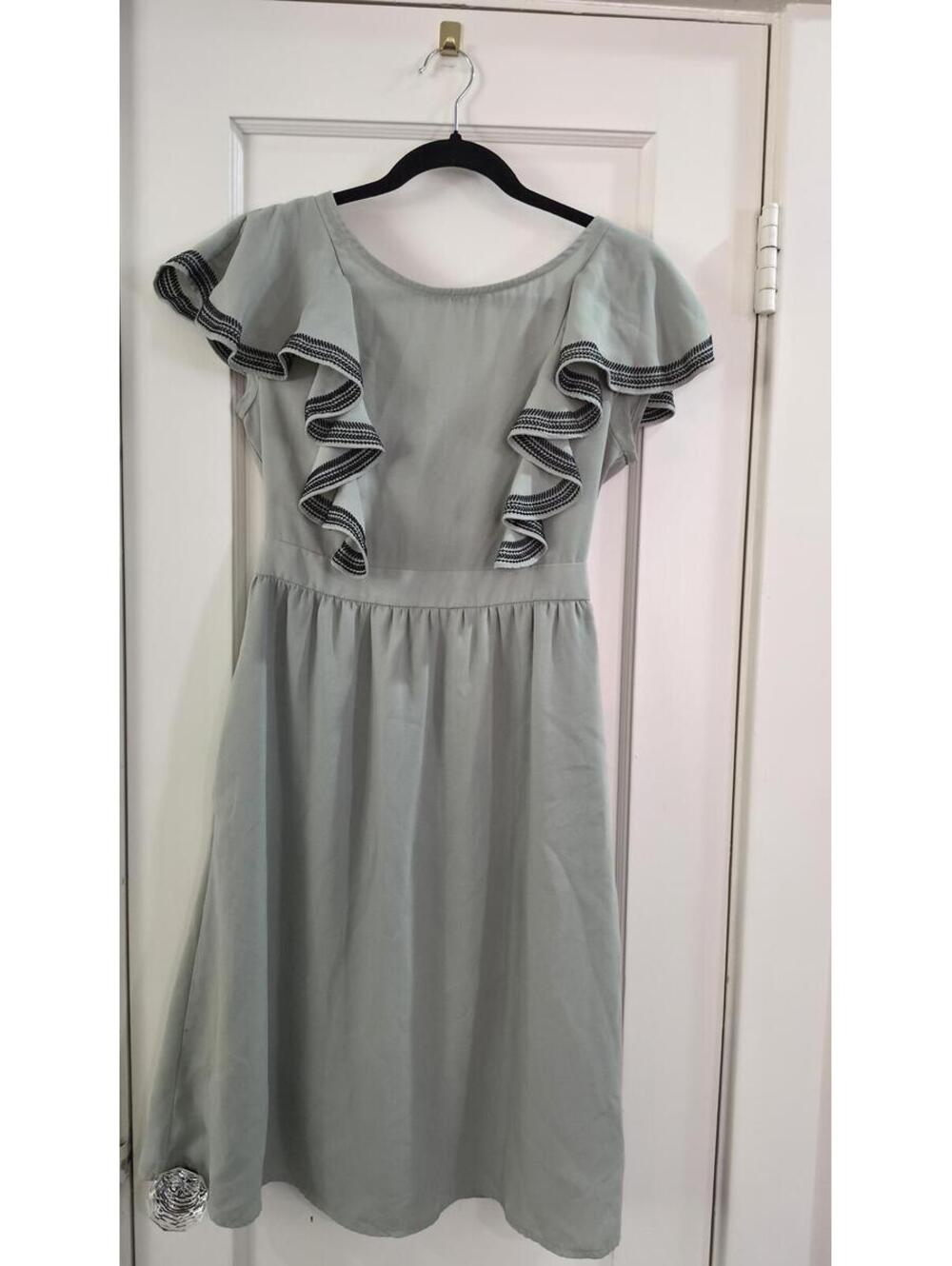 Mikarose Light Blue Ruffle Sleeve Midi Dress with Black Embroidery XS